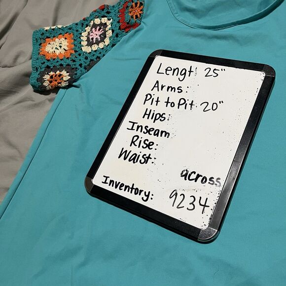 Womens Teal Blue Crochet Sleeve Boho Top Blouse Size L - Picture 7 of 7